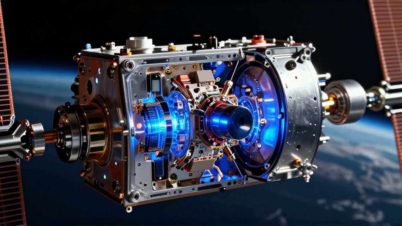 Núcleo de un reloj atómico con luces azules dentro de un satélite en órbita terrestre.