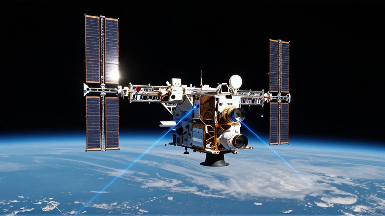 Satélite de alta tecnología orbitando la Tierra con haces láser azules conectándolo con estaciones terrestres.