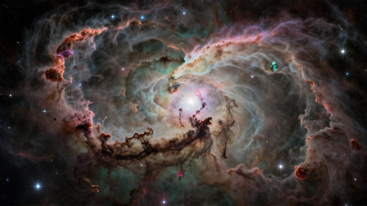 Nebulosa colorida con nubes de gas y polvo estelar rodeada de estrellas en el espacio profundo.