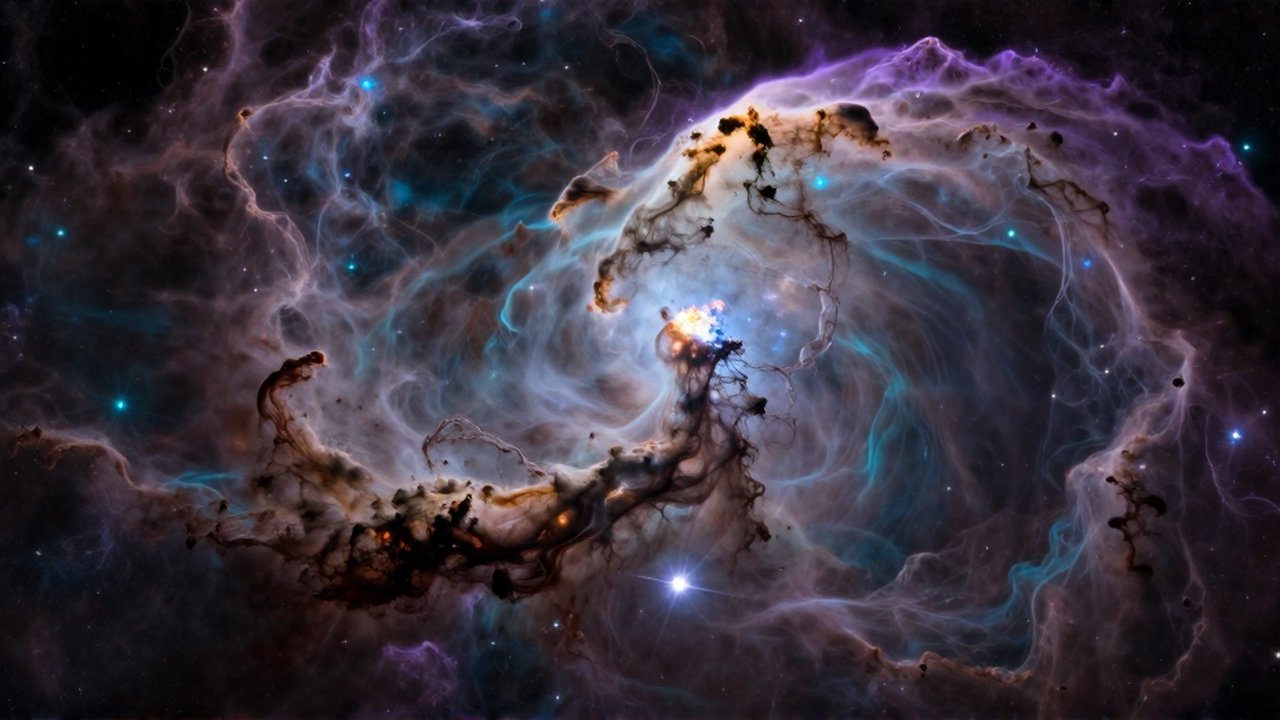 Vasta nebulosa brillante con filamentos de gas violeta y cian sobre un cúmulo estelar.