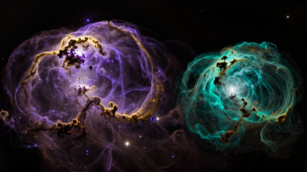 Gran nebulosa de color violeta y oro comparada en tamaño con una más pequeña de tonos esmeralda y cian.