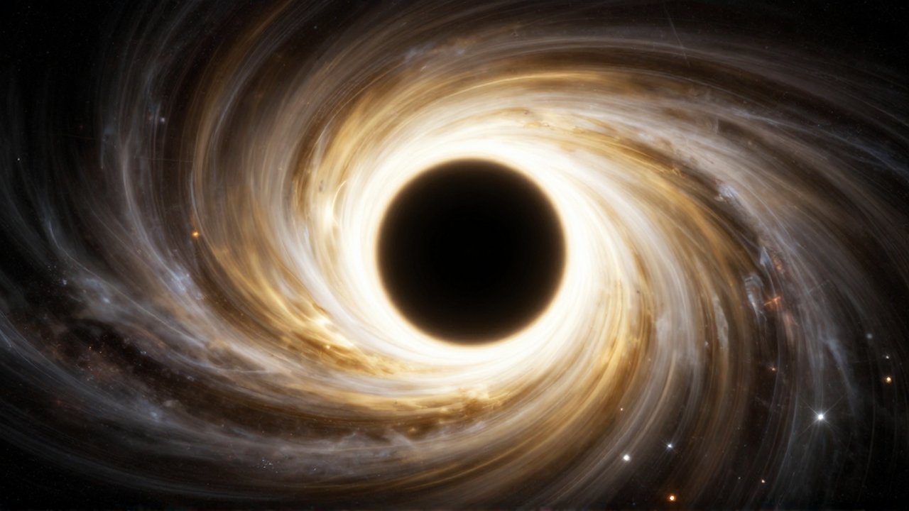 Agujero negro rodeado por un brillante disco de plasma dorado y luz distorsionada en el espacio.