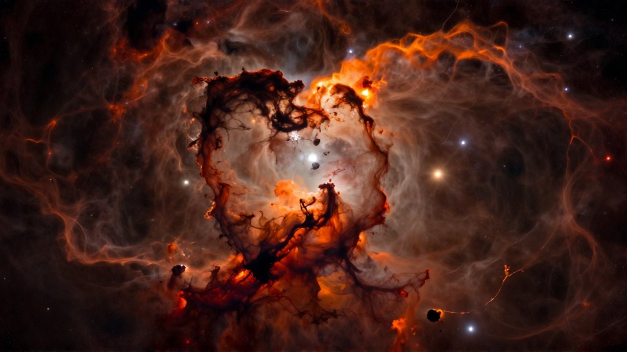 Nube de polvo cósmico oscuro con filamentos brillantes en tonos naranja y carmesí.