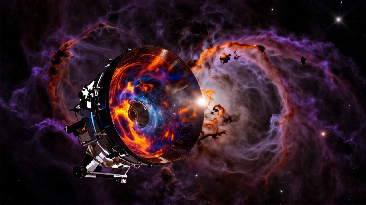 Lente de un telescopio espacial reflejando una nebulosa con firmas térmicas en tonos púrpuras y naranjas.