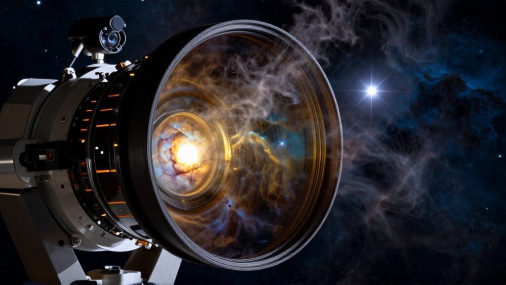 Primer plano de la lente de un telescopio espacial reflejando una nebulosa brillante entre polvo cósmico.