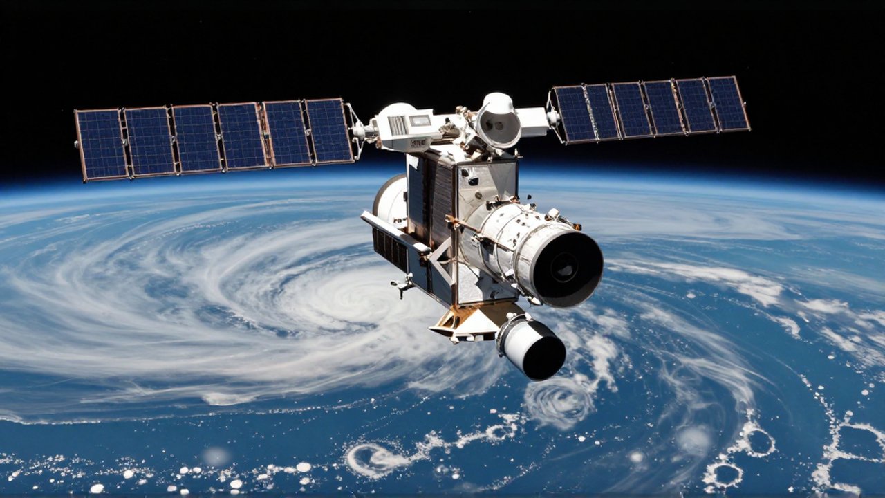Satélite meteorológico avanzado orbitando la Tierra sobre un fondo de nubes y tormentas.