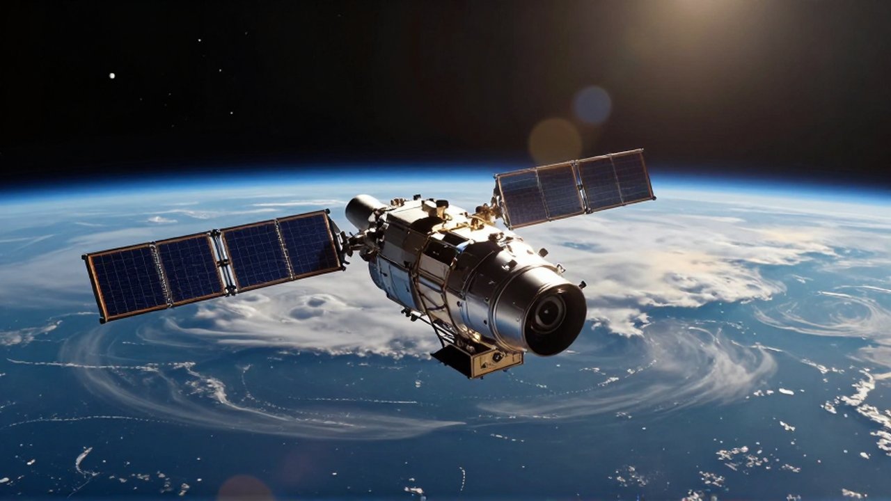 Satélite meteorológico de alta tecnología orbitando la Tierra con el horizonte iluminado por el sol.