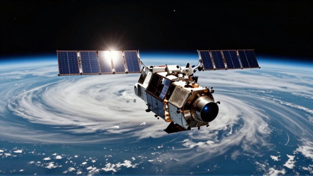 Satélite meteorológico tecnológico orbitando la Tierra sobre un fondo de nubes y tormentas espaciales.