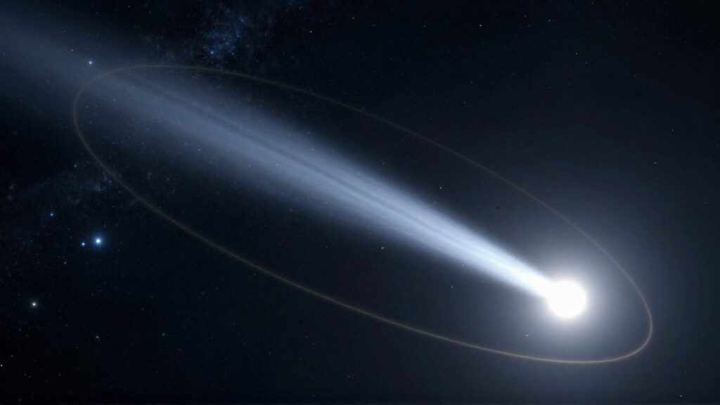Cometa majestuoso con una larga estela luminosa cruzando un cosmos profundo entre nebulosas y estrellas.