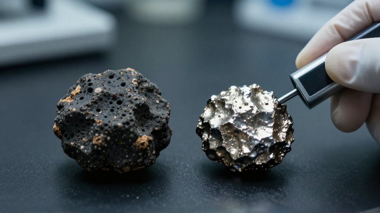 Un científico acerca un imán a un fragmento de meteorito metálico sobre una mesa de laboratorio.