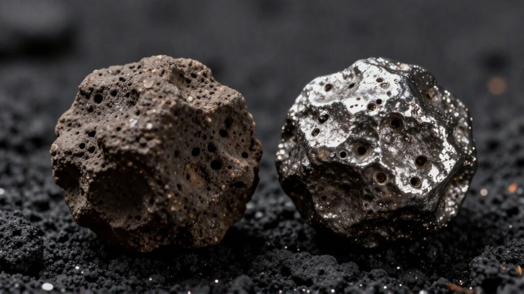 Meteorito pétreo poroso y meteorito metálico brillante descansando sobre una roca volcánica oscura.