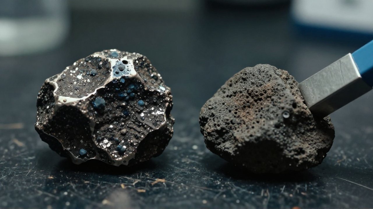 Un imán de neodimio se acerca a un meteorito metálico junto a una roca volcánica sobre una mesa de laboratorio.