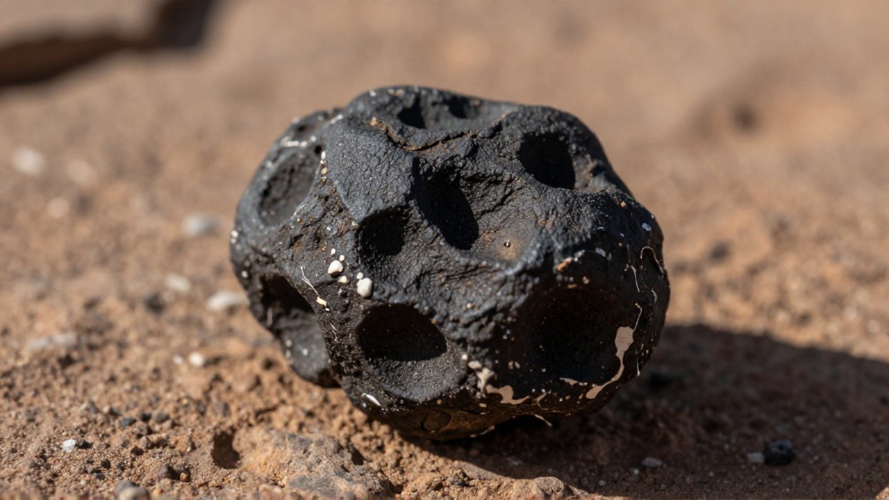 Meteorito oscuro con superficie fundida y marcas aerodinámicas sobre una roca desértica.