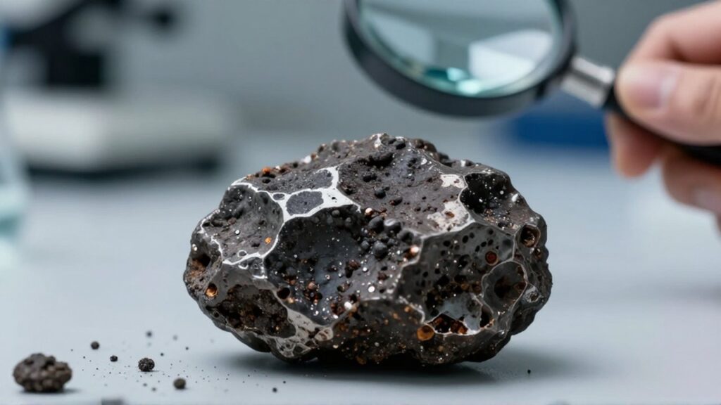 Meteorito oscuro y texturizado sobre una mesa de laboratorio con una lupa al fondo.