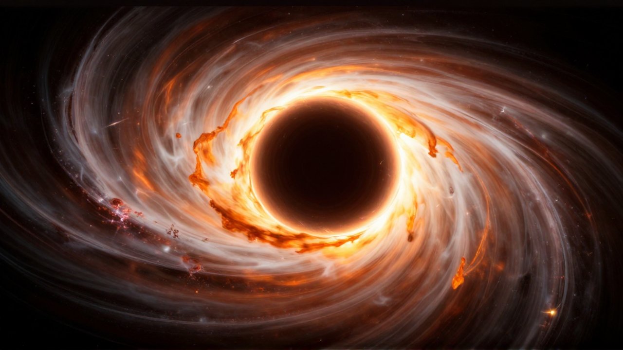 Agujero negro supermasivo rodeado por un disco de acreción de plasma naranja brillante en el espacio.