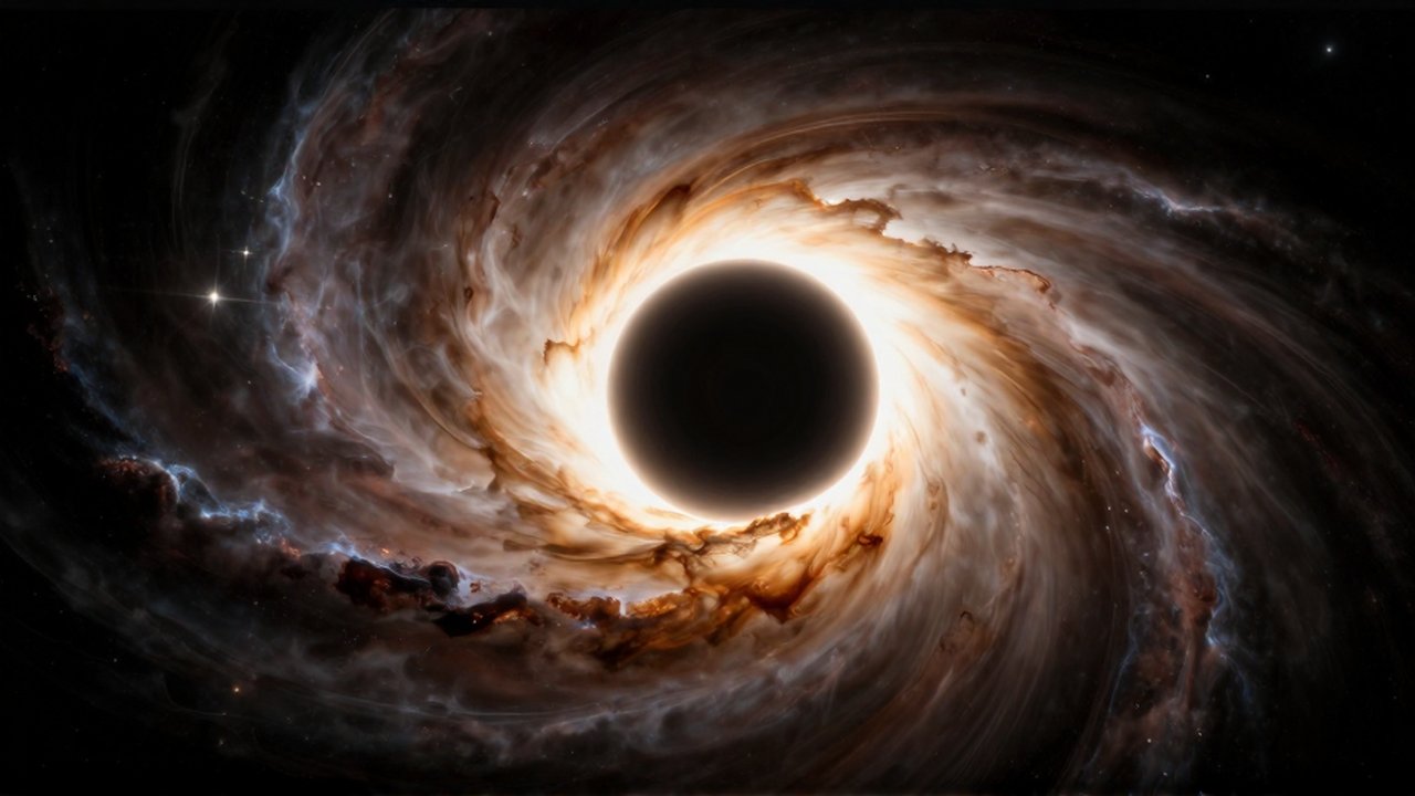 Agujero negro rodeado por un disco de gas brillante y destellos de luz en el espacio profundo.