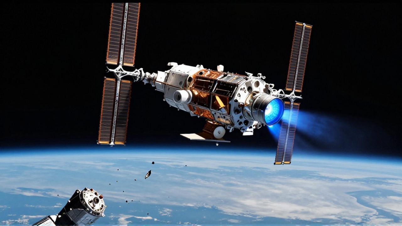 Satélite de comunicaciones realizando una maniobra evasiva sobre la curvatura de la Tierra entre restos espaciales.