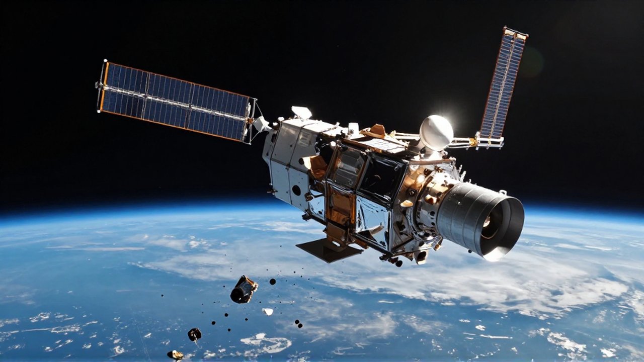 Satélite de comunicaciones orbitando la Tierra rodeado de una nube de escombros espaciales metálicos.