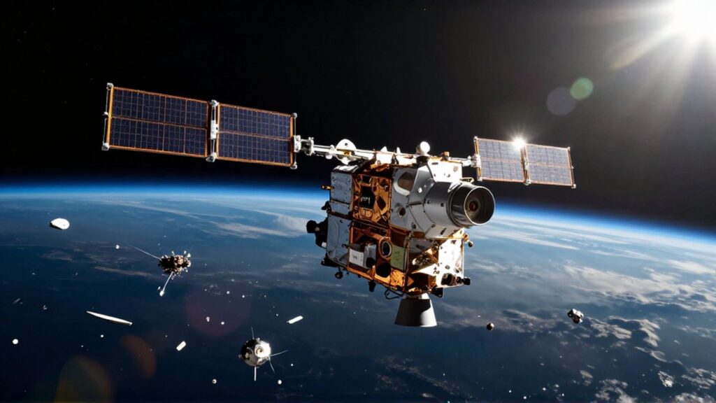 Satélite de comunicaciones rodeado de fragmentos de basura espacial frente al horizonte de la Tierra.