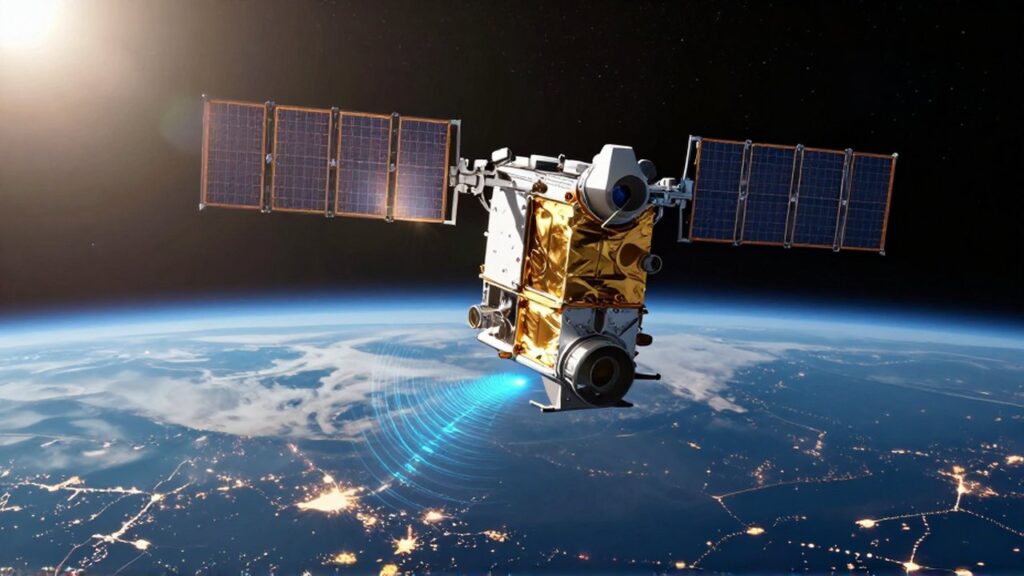 Satélite GPS con paneles solares emitiendo señales digitales sobre la curvatura de la Tierra.