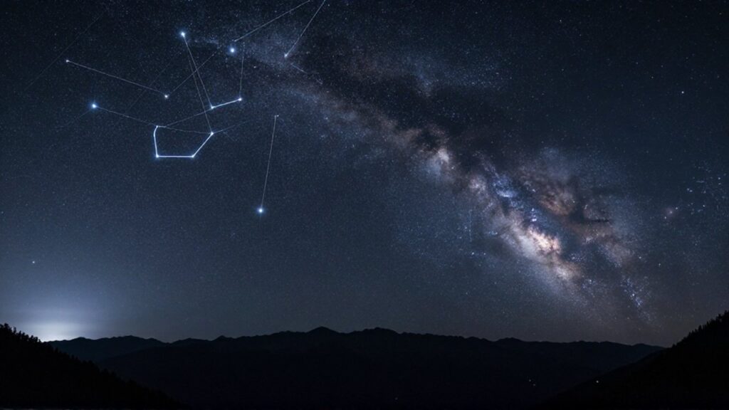 Cielo nocturno estrellado con constelaciones zodiacales y la Vía Láctea sobre montañas tranquilas.