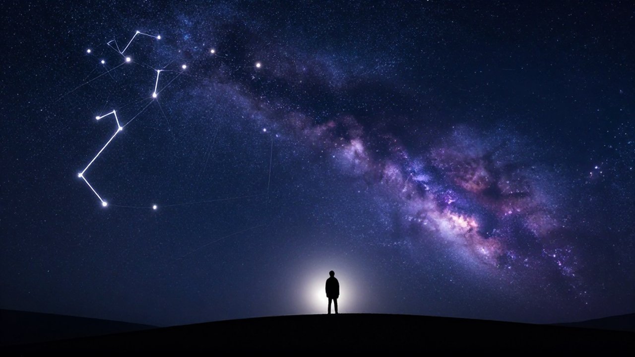 Silueta de una persona contemplando un cielo nocturno lleno de estrellas, nebulosas y constelaciones brillantes.