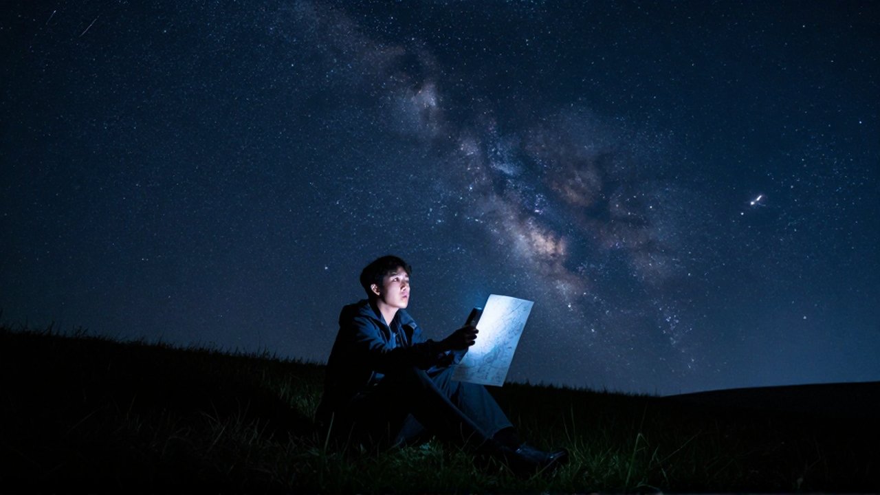Joven astrónomo sentado en una colina consultando un mapa estelar bajo un cielo nocturno estrellado.