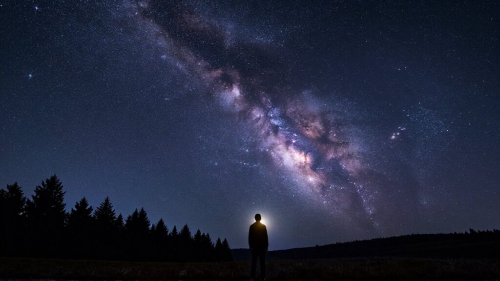 Persona contemplando la Vía Láctea y un cielo estrellado desde un prado oscuro.