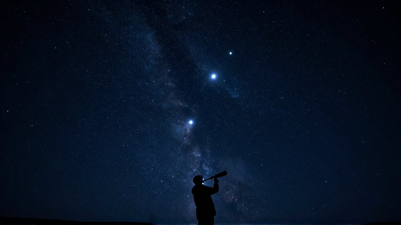 Silueta de un observador con un telescopio moderno contemplando las tres estrellas de Orión en un cielo nocturno.
