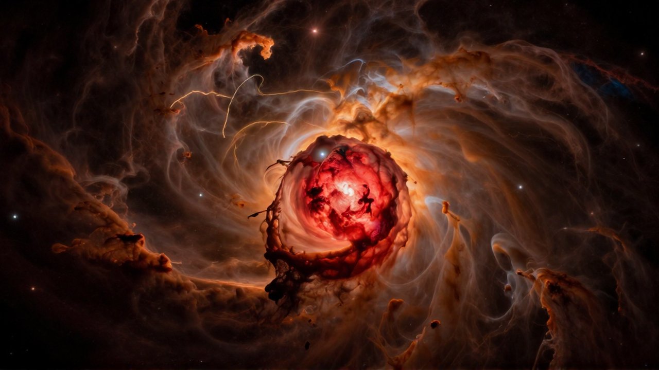 Núcleo carmesí de una estrella enana roja naciendo entre nubes de polvo y gas interestelar.