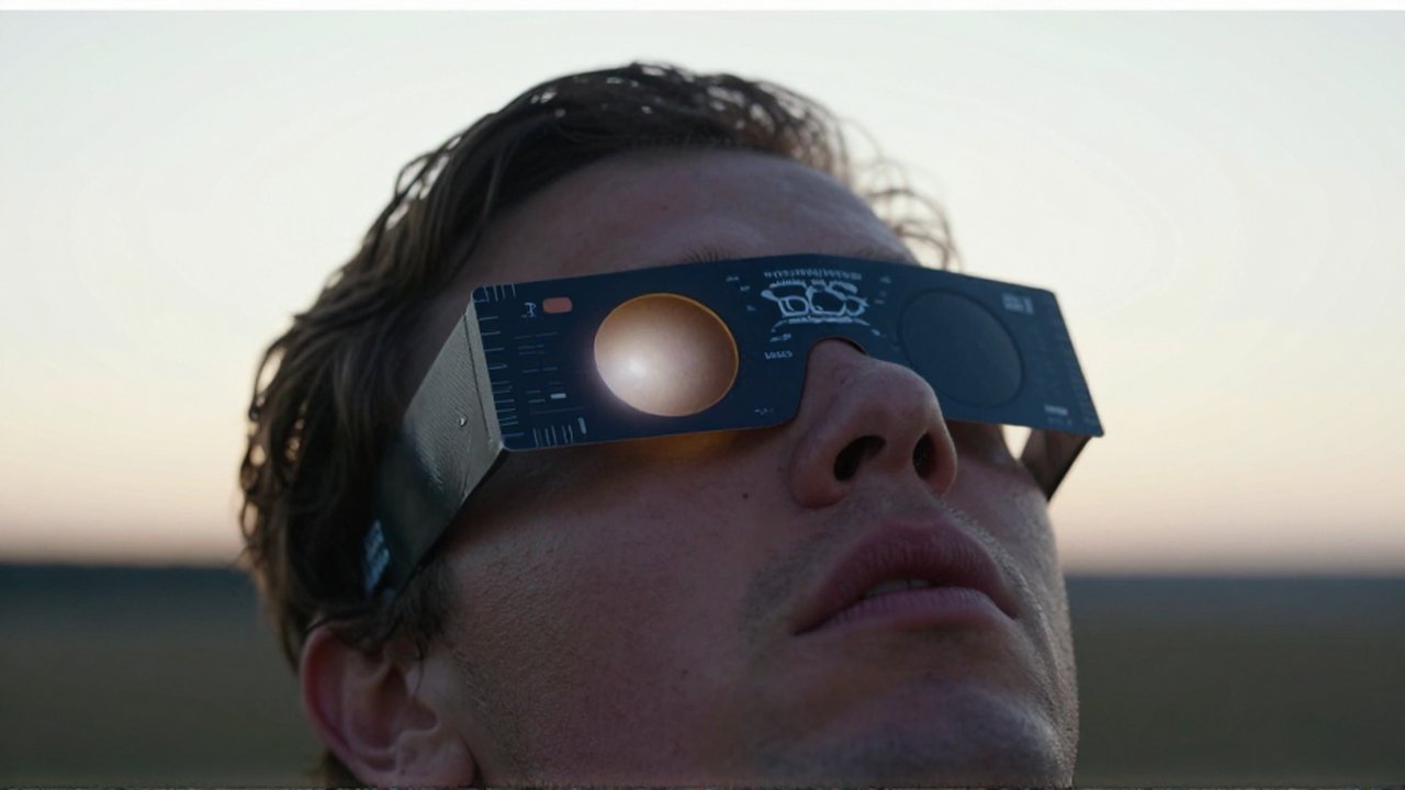 Persona con gafas especiales de eclipse solar observa el fenómeno hacia un cielo brillante.