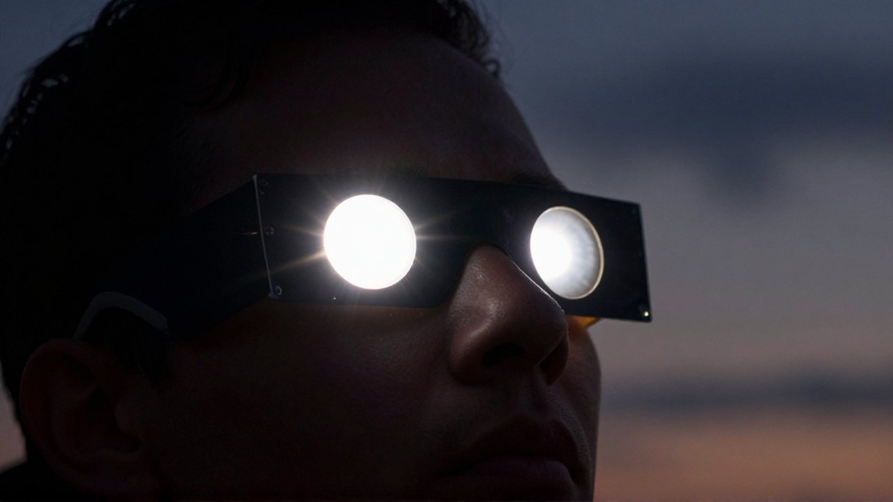 Perfil de una persona usando gafas protectoras para observar la corona solar durante un eclipse.