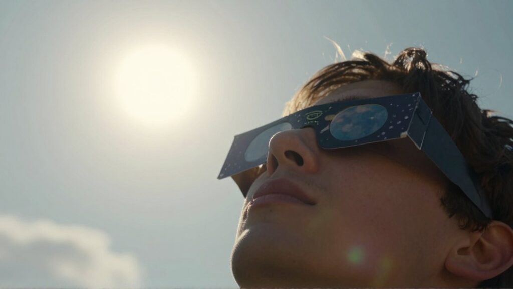 Persona con gafas de protección observando un eclipse solar con la corona brillante en el cielo.