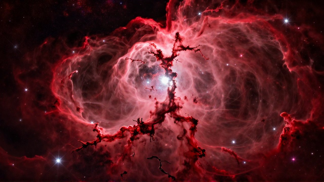Nebulosa de emisión con nubes de gas brillante en tonos rojos y rosas rodeadas de estrellas.