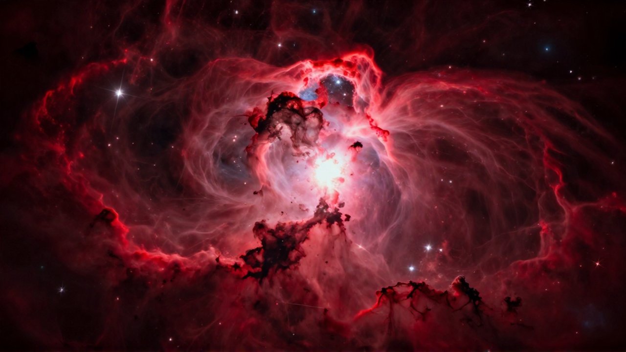 Vasta nebulosa de hidrógeno en tonos carmesí y magenta con estrellas brillantes en su interior.