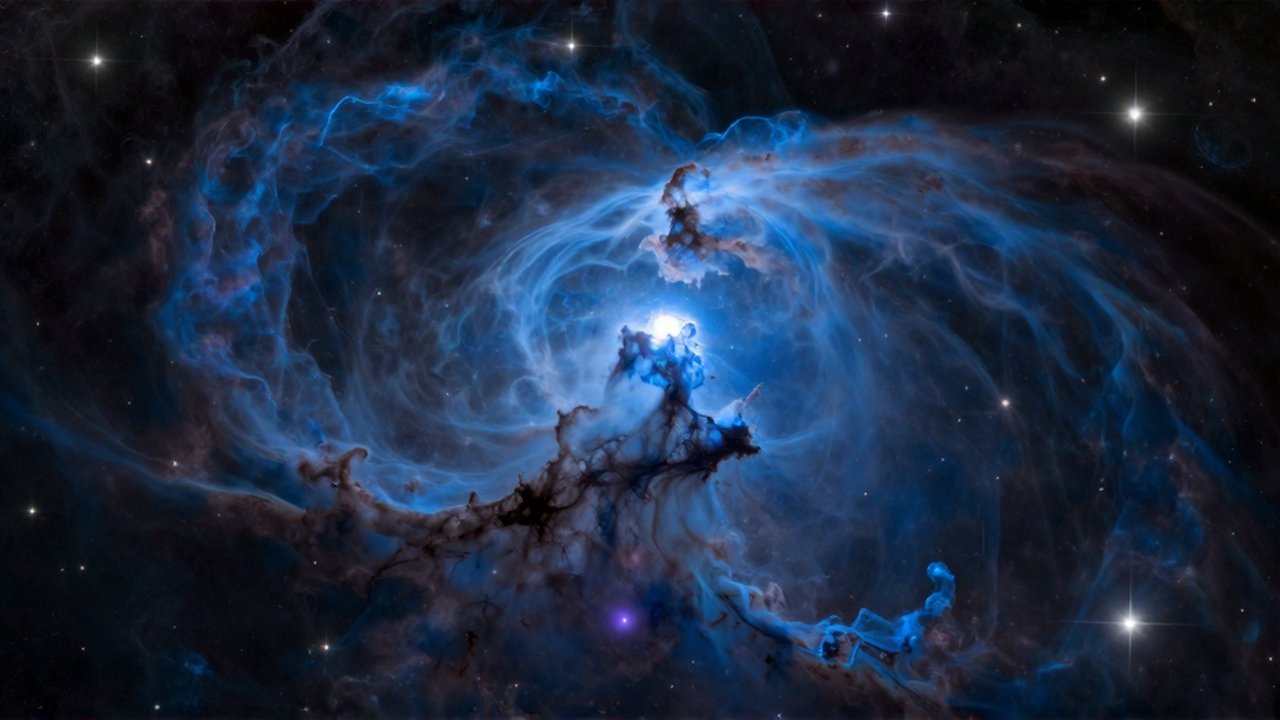 Vasta nebulosa de reflexión con nubes de polvo azul brillante y estrellas jóvenes dispersas.