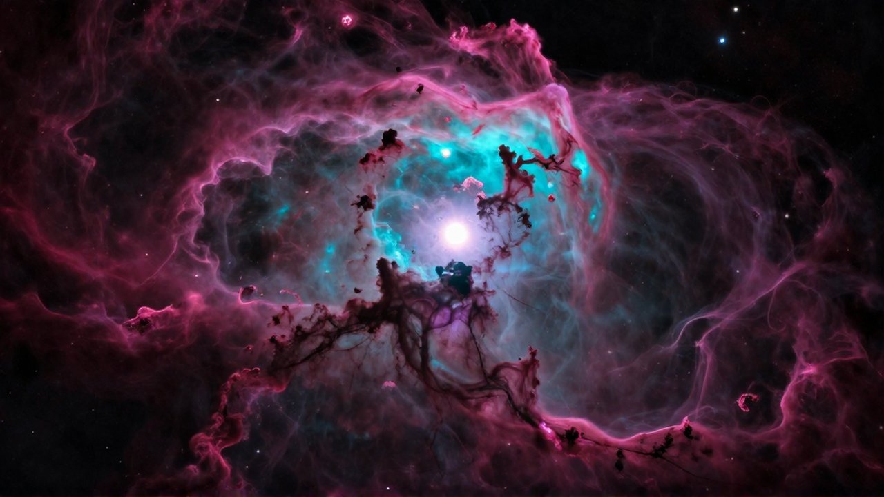 Nebulosa de gas brillante en tonos magenta y cian con una estrella recién nacida en su interior.