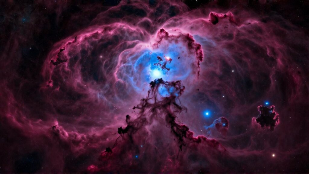 Nebulosa de gas brillante en tonos magenta y azul con estrellas dispersas en el espacio profundo.