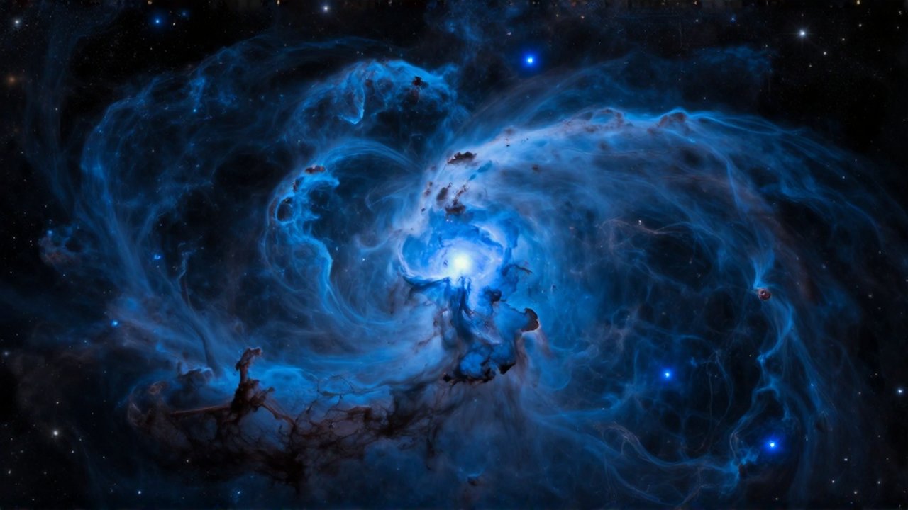 Vasta nebulosa de reflexión con nubes de polvo azul brillante y estrellas jóvenes dispersas.