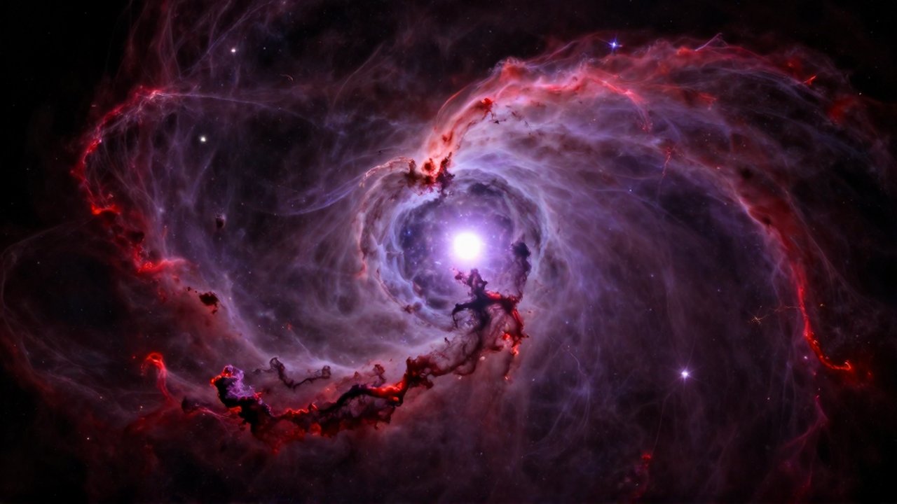 Nebulosa planetaria de gases violetas y carmesí con una estrella blanca brillante en su centro.