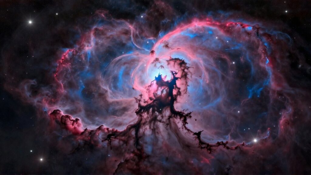 Nebulosa cósmica vibrante con capas de gas rosa y azul atravesadas por siluetas de polvo oscuro.