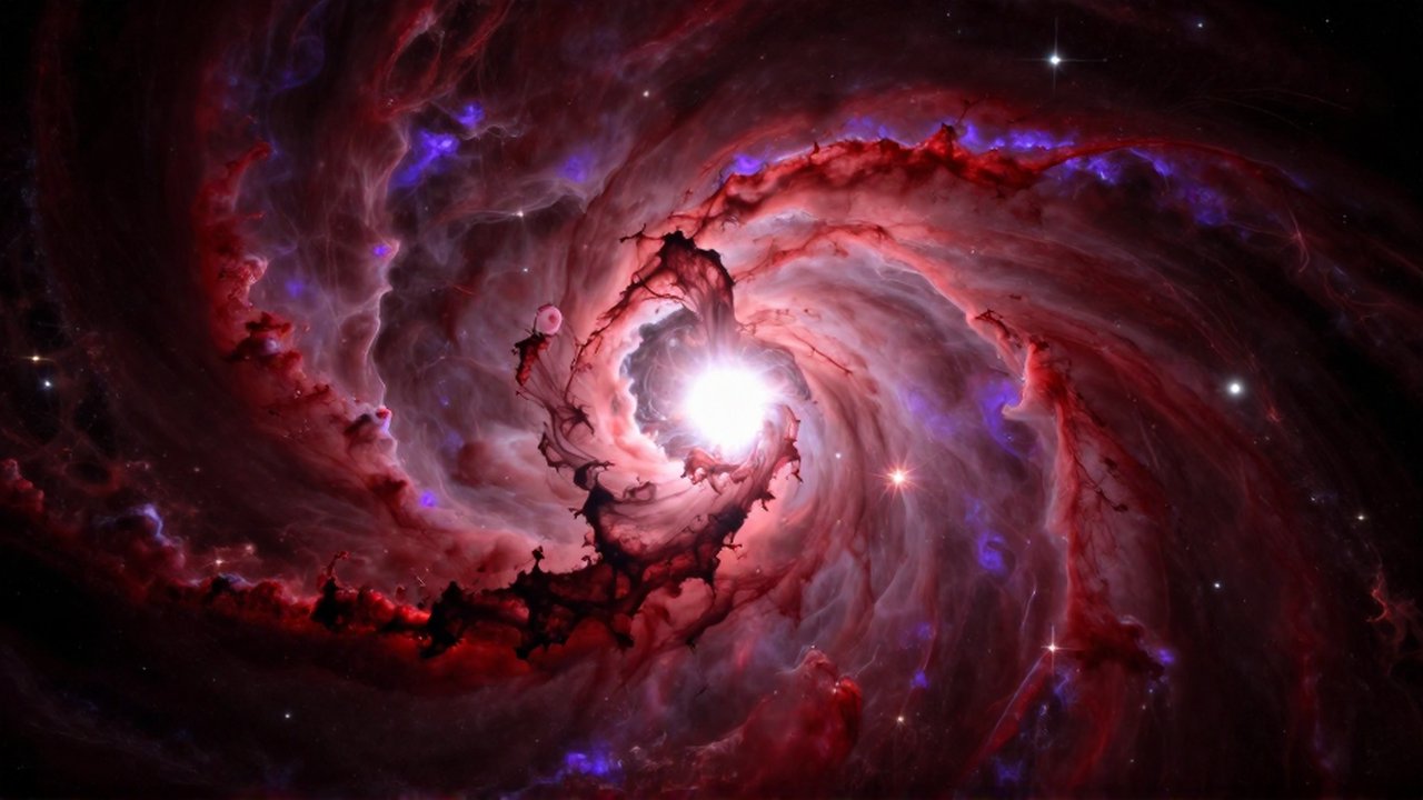 Nebulosa de polvo carmesí y violeta con una brillante protocestre formándose en su centro.