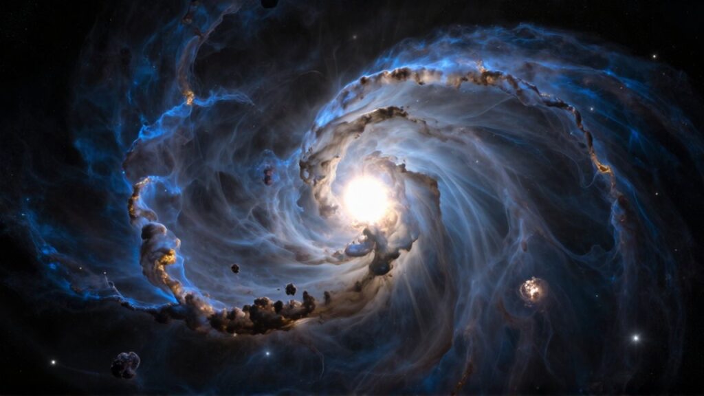 Vastas nubes de gas azul y dorado envuelven una estrella recién nacida en el espacio profundo.