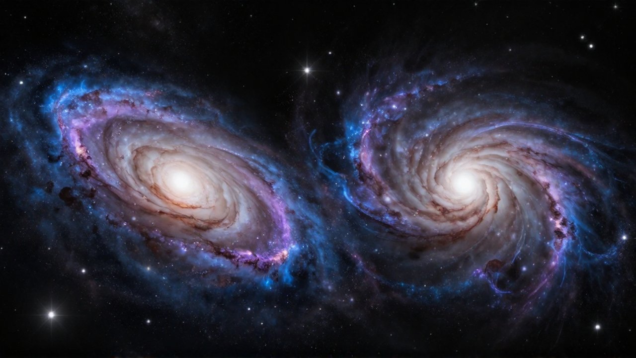 Dos galaxias espirales masivas chocan entre nebulosas azules y violetas en la inmensidad del espacio.