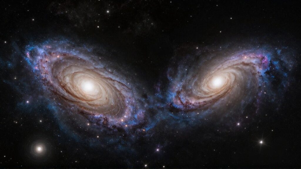 Dos galaxias espirales masivas entrelazan sus brazos de estrellas entre nebulosas azules y violetas.