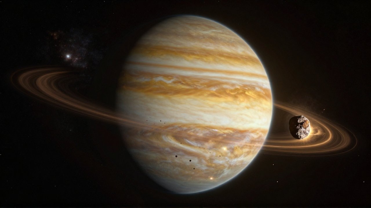 Gigante gaseoso de bandas doradas con un asteroide orbitando entre polvo cósmico y nebulosas lejanas.