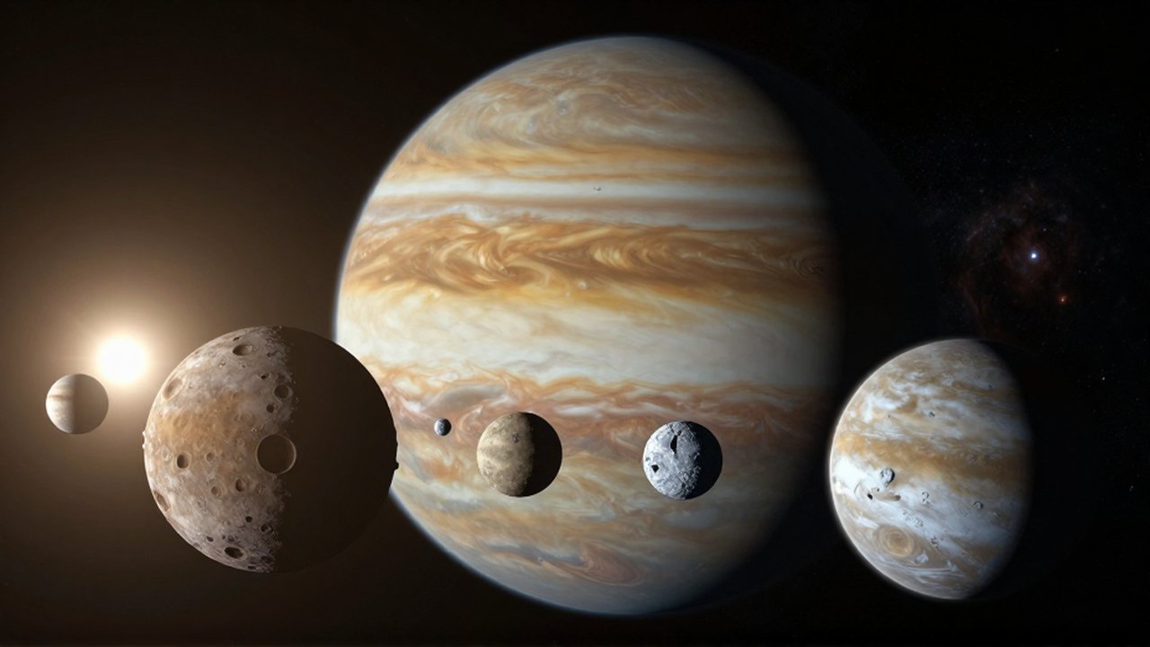 Un gigante gaseoso de bandas ámbar rodeado de diversos planetas lunares en el espacio profundo.