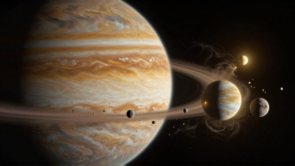 Un gigantesco planeta gaseoso de tonos ocres rodeado de lunas en formación y restos cósmicos.