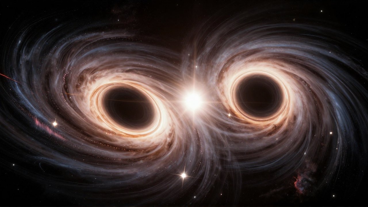 Dos agujeros negros masivos colisionan entre brillantes discos de gas y distorsiones en el espacio-tiempo.