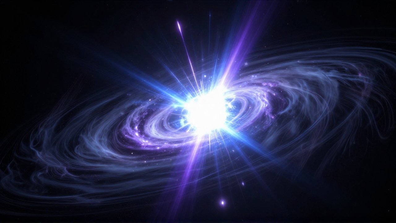 Colisión violenta de dos estrellas de neutrones con ráfagas de luz azul y ondas en el espacio.